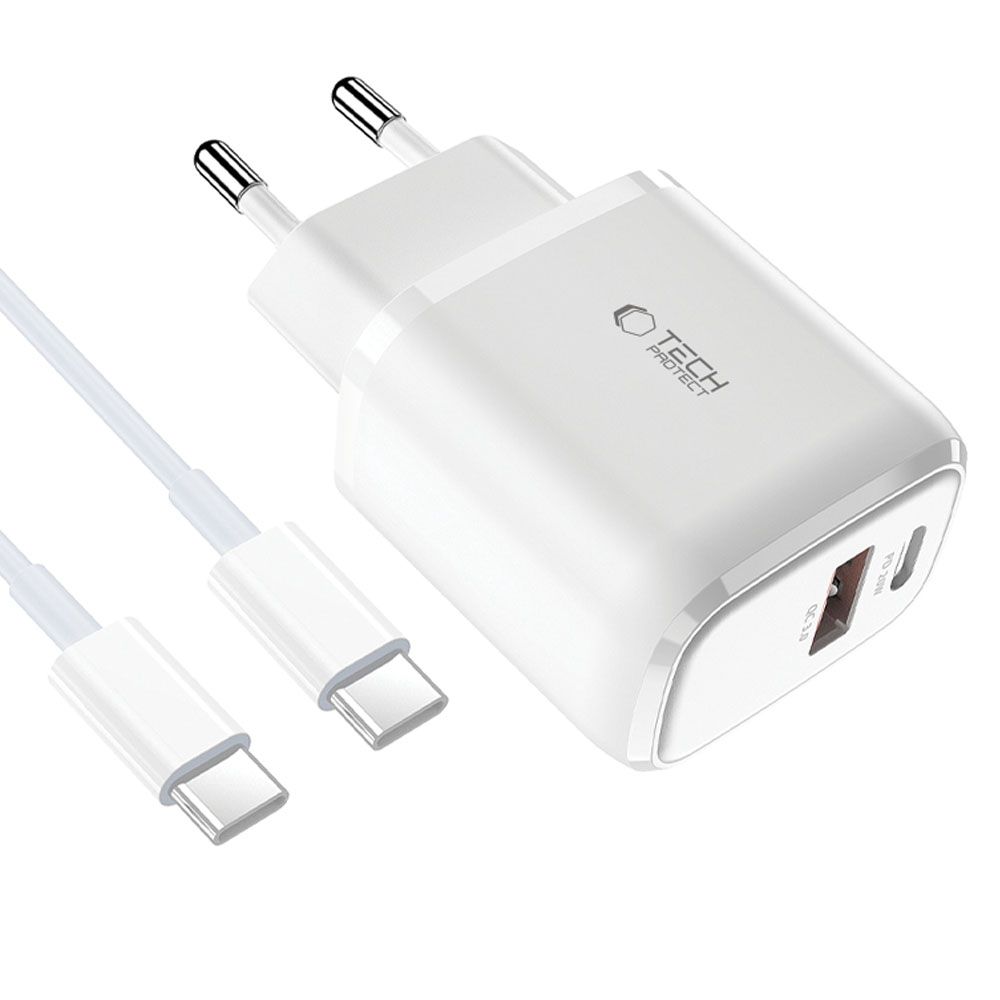 TECH-PROTECT C20W 2-PORT AC töltő + kábel USB C típusú WHITE termék 2. képe