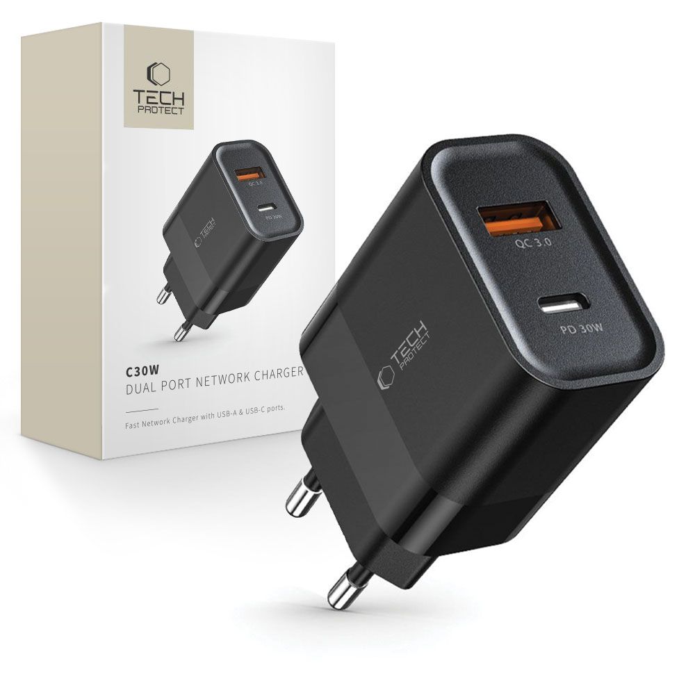 TECH-PROTECT C30W 2-PORT AC töltő 30W Fekete akciós termékkép 1