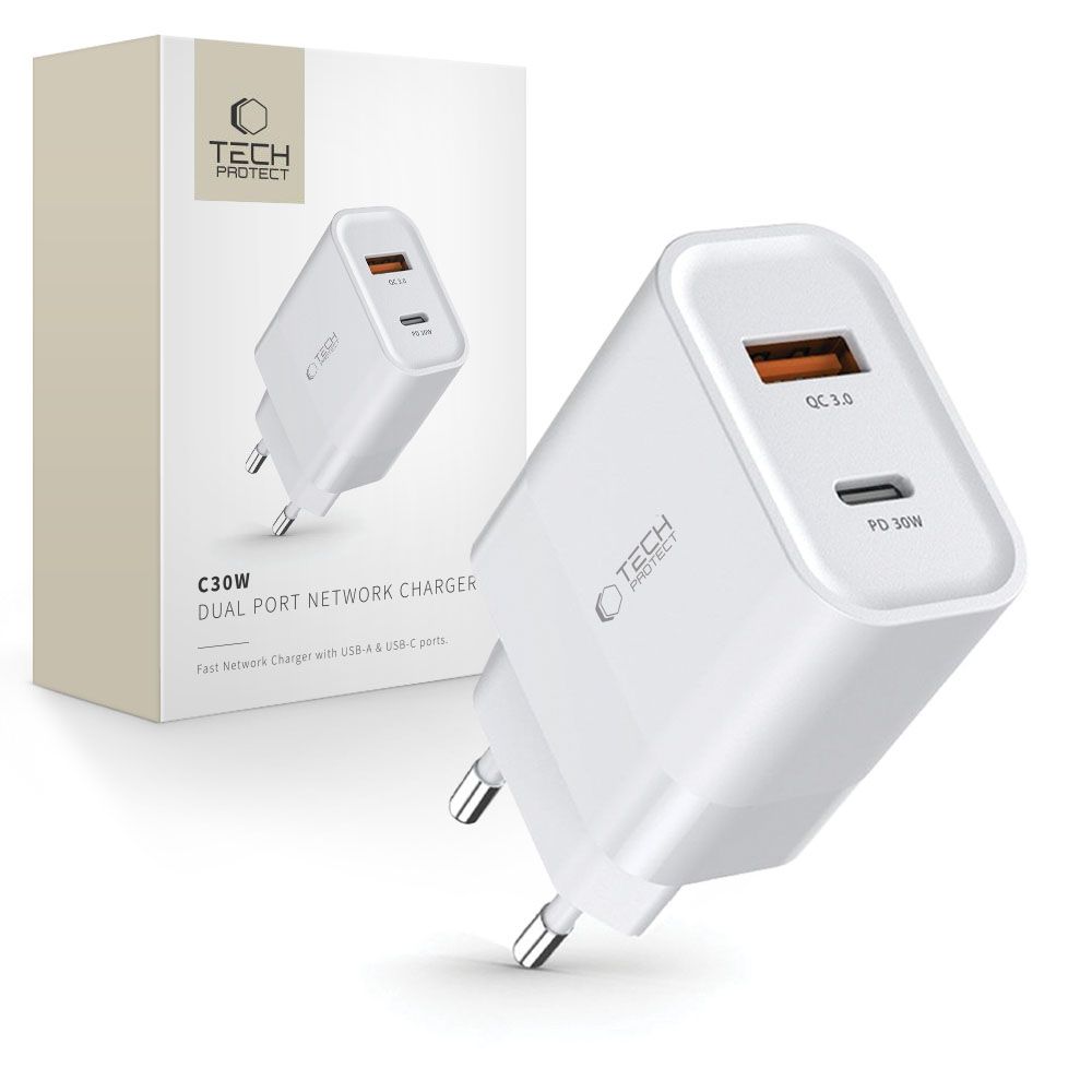 TECH-PROTECT C30W 2-PORT AC töltő 30W fehér akciós termékkép 1