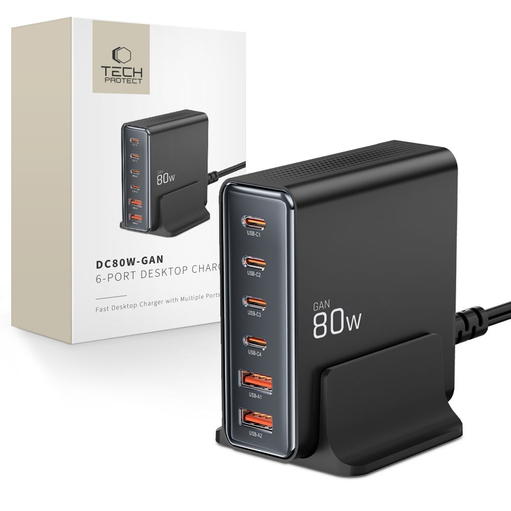 TECH-PROTECT DC80W-GAN 6-PORT Hálózati töltő fekete akciós termékkép 1