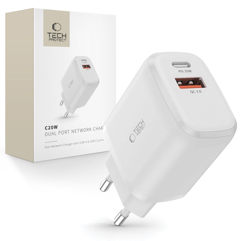 TECH-PROTECT C20W Hálózati töltő USB Typ-C / USB-A fehér akciós termékkép 1