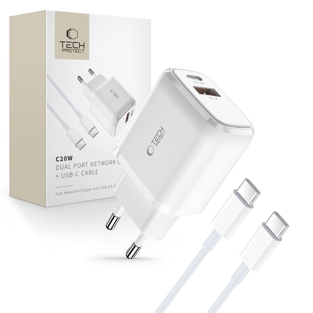 TECH-PROTECT C20W 2-PORT AC töltő + kábel USB C típusú WHITE akciós termékkép 1