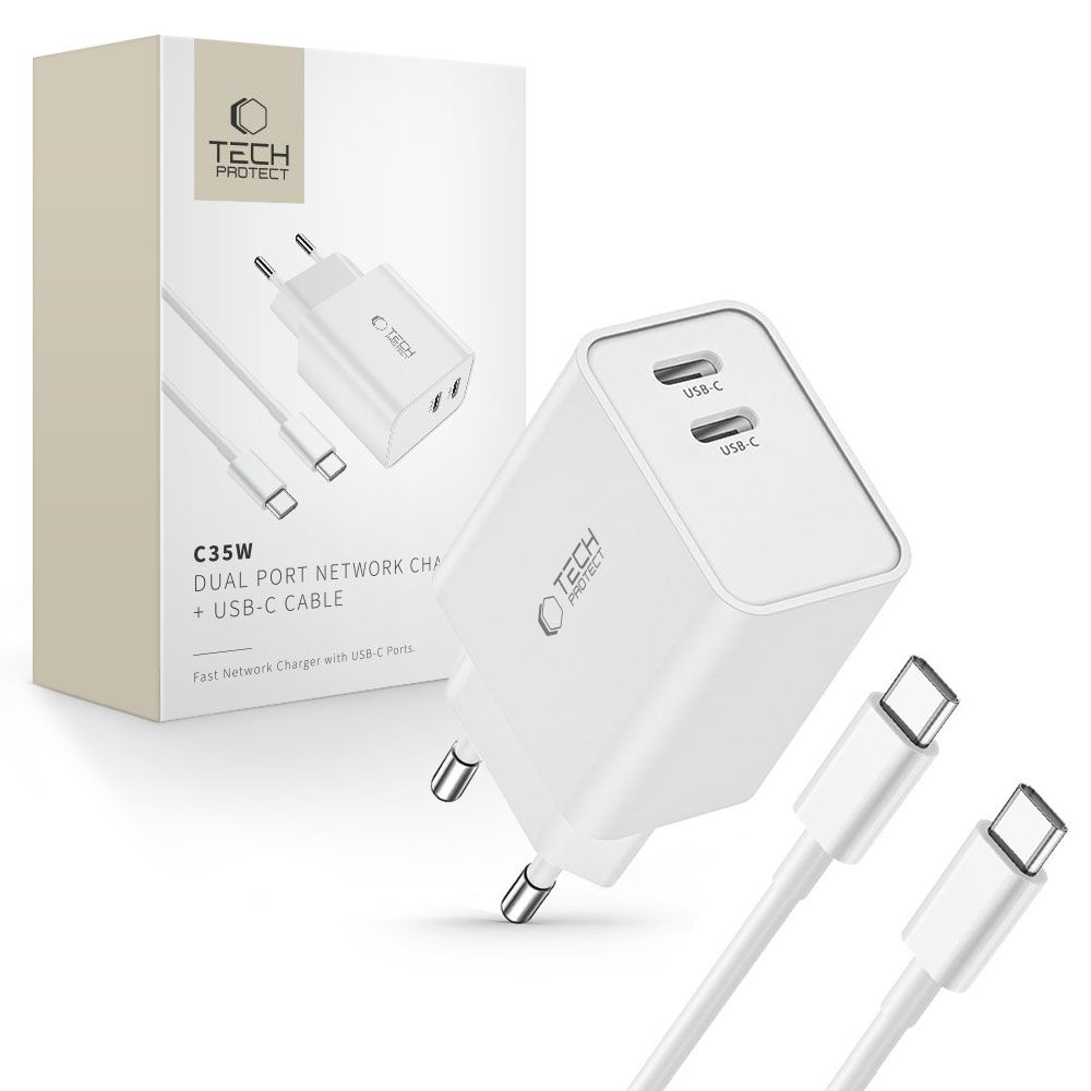 TECH-PROTECT C35W 2-PORT AC töltő + kábel USB C típusú WHITE akciós termékkép 1