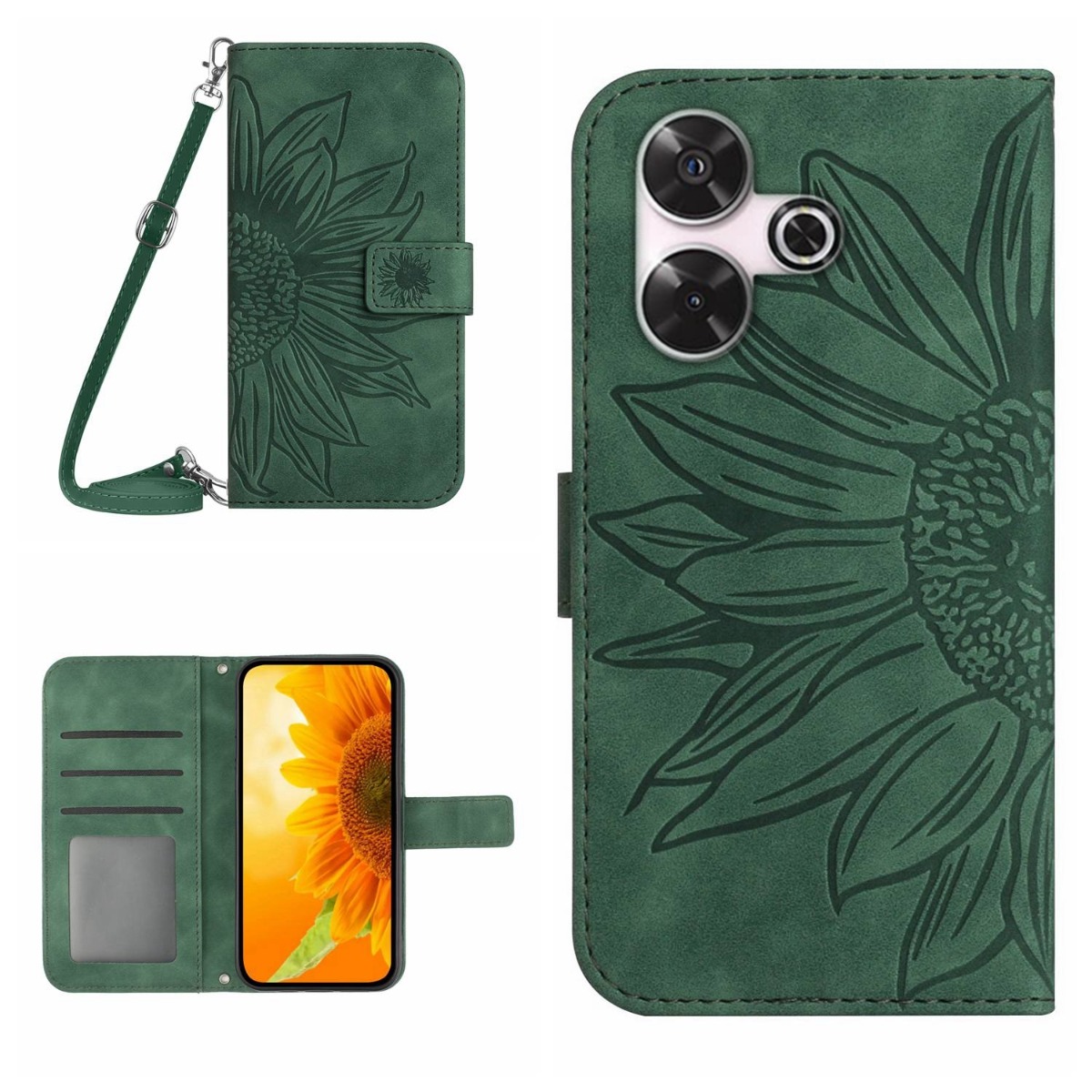 ART SUNFLOWER Pénztárca tok zsinórral Xiaomi Redmi 13 zöld színhez termék 2. képe