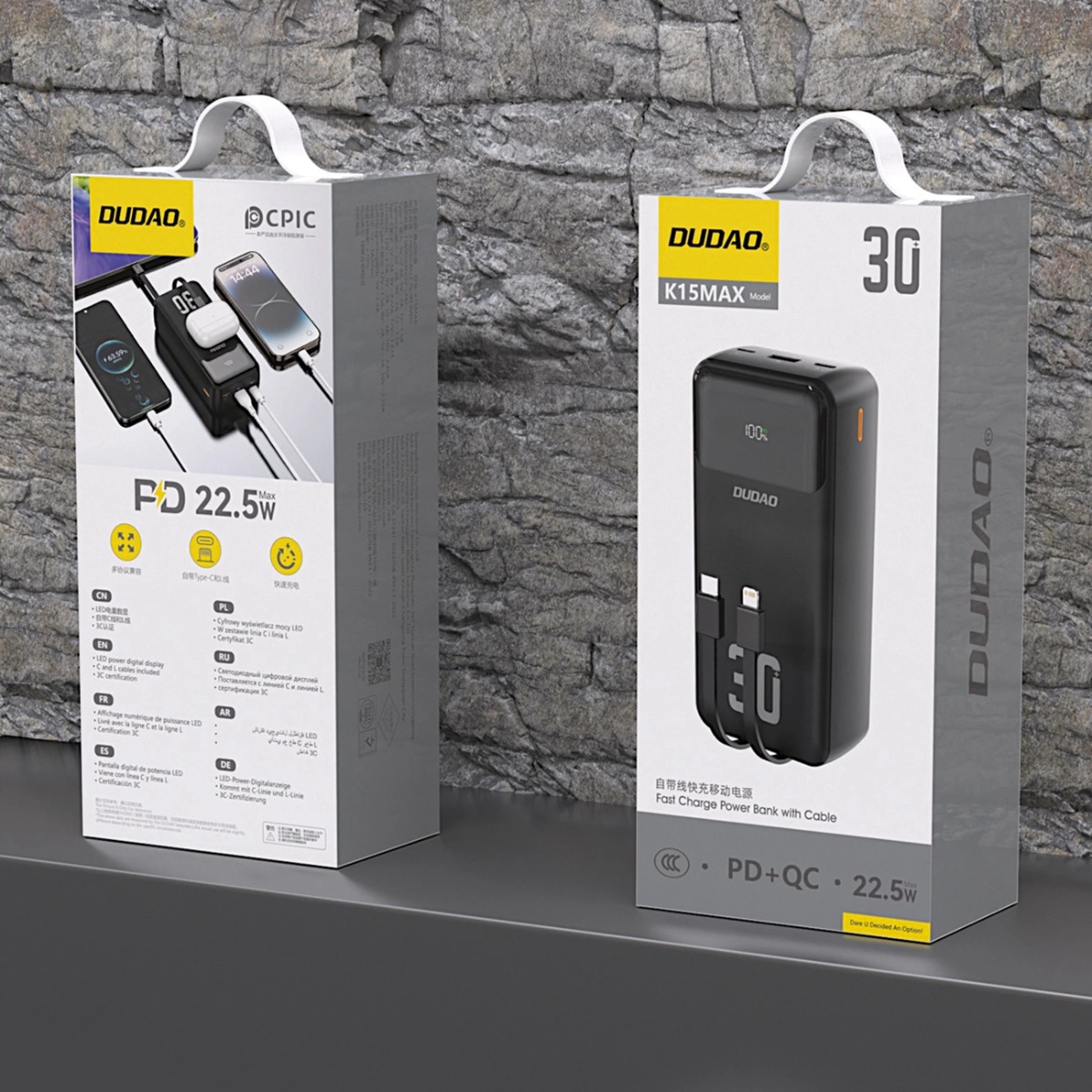 DUDAO K15MAX Külső akkumulátor beépített kábelekkel 30 000 mAh 22.5W fekete termék 2. képe