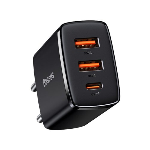 BASEUS COMPACT 30W Hálózati töltő 2x USB + USB Type-C fekete akciós termékkép 1